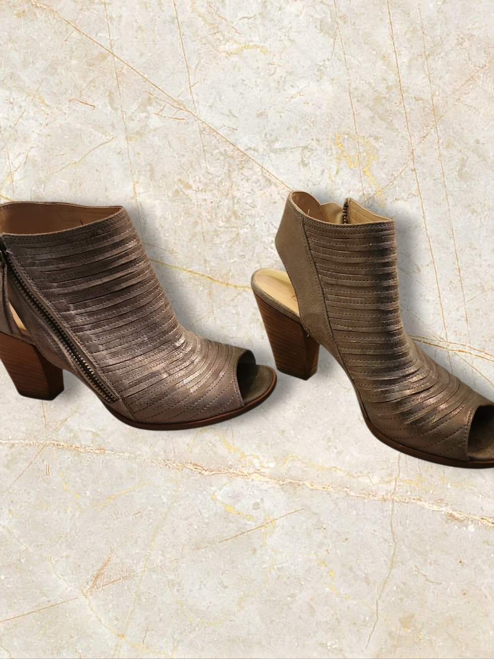Paul Green Metallic Taupe Open-Toe Stacked Heel Booties